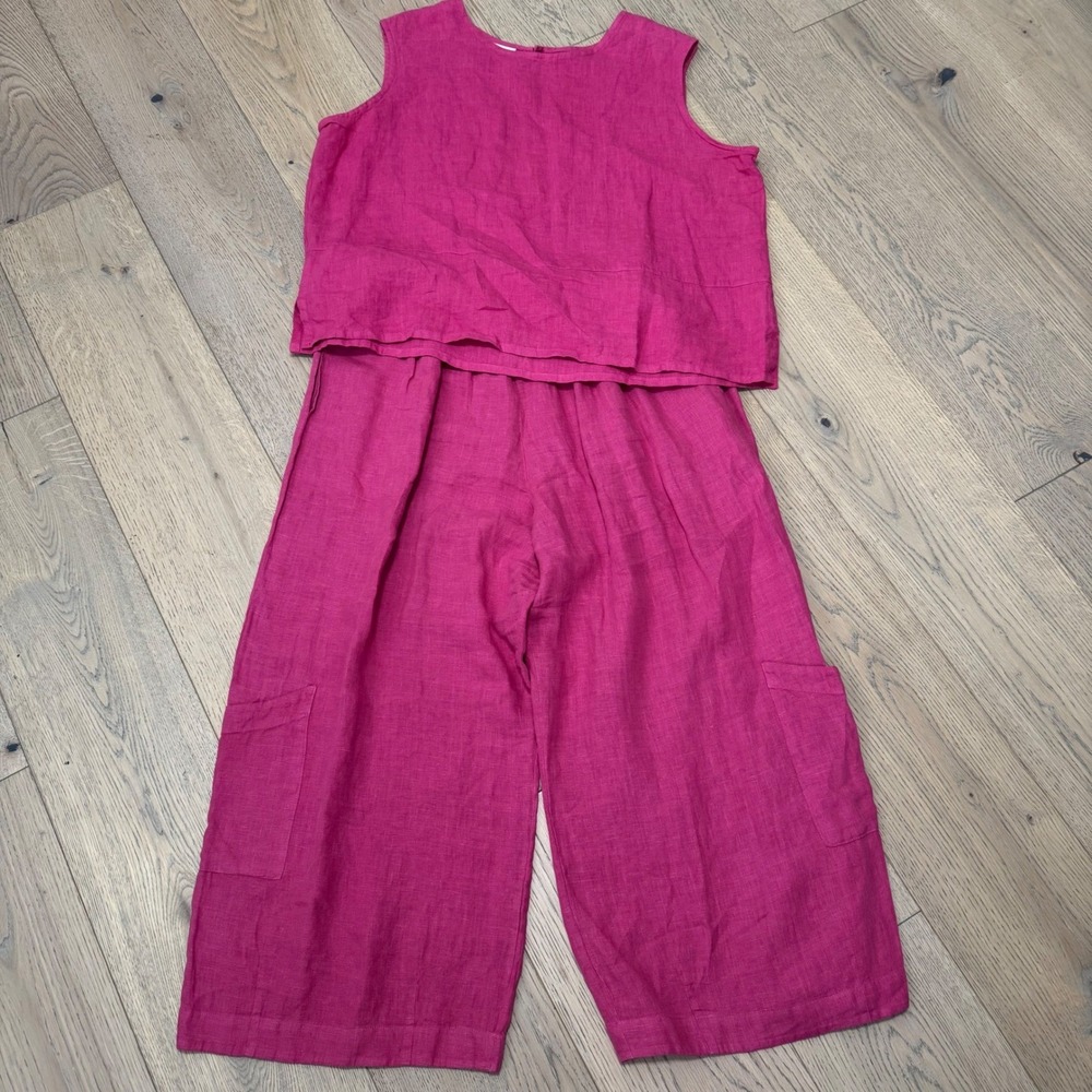 Bryn Walker Pant Set Women XXL Pink Linen Sleeveless Top Wide Leg Cargo Pockets